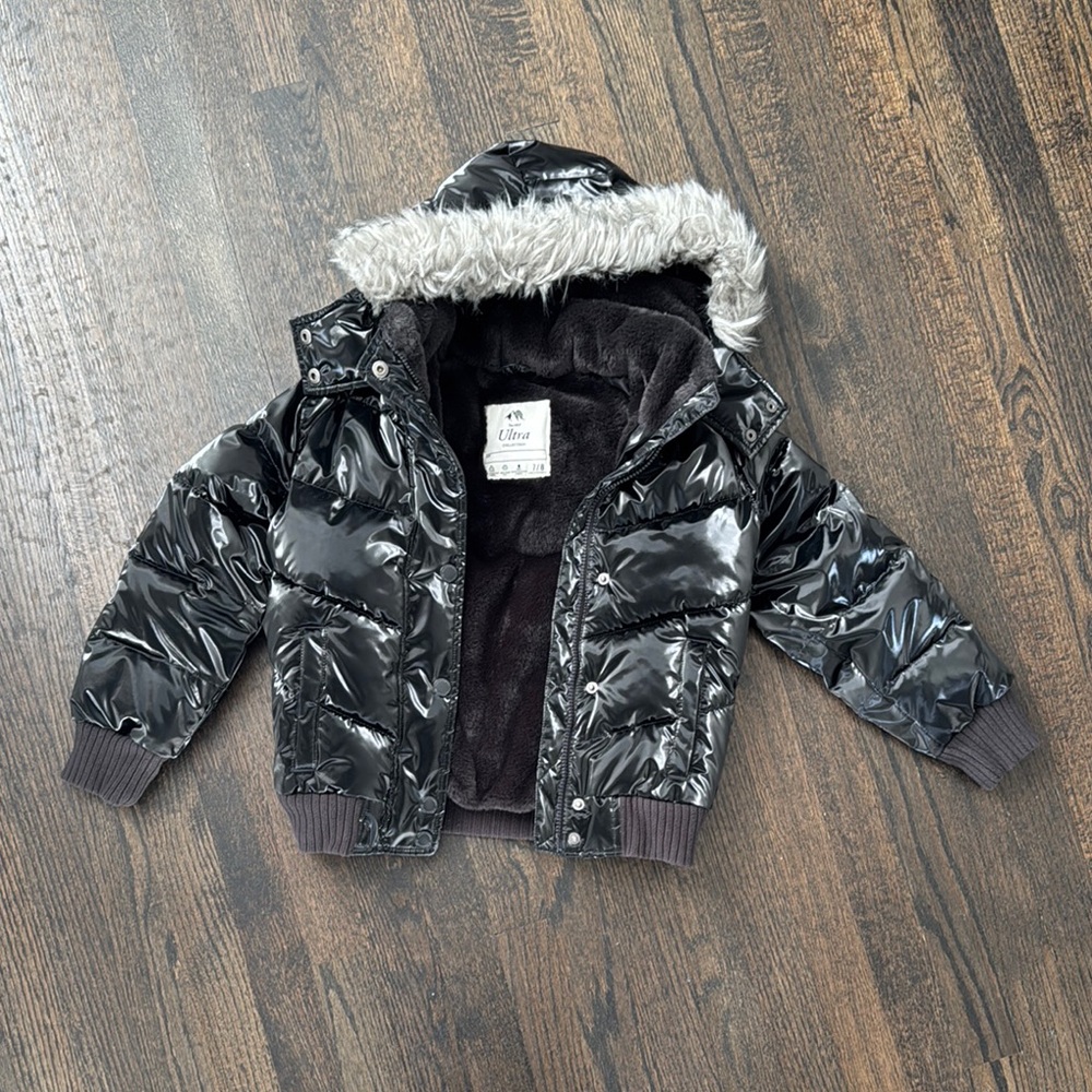 Shiny Black Puffer Jacket with Faux Fur Hood Girls size 7/8